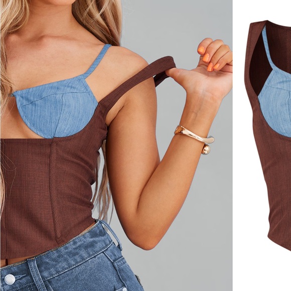 NWT BROWN LINEN COLOR BLOCK CUP DETAIL BONED CORSET TOP- sold out style - Picture 3 of 8